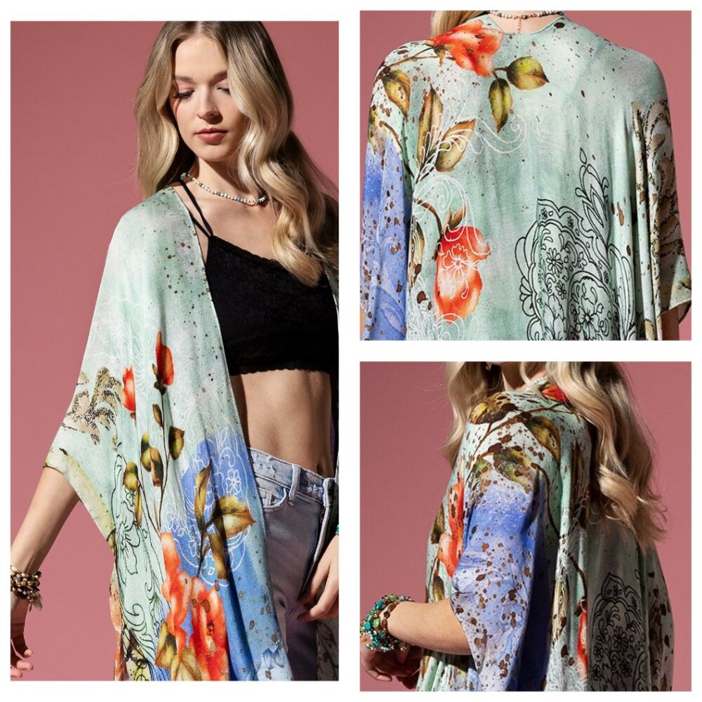 Floral Print Lightweight Kimono - Watercolor Effect Background - Soft & Silky